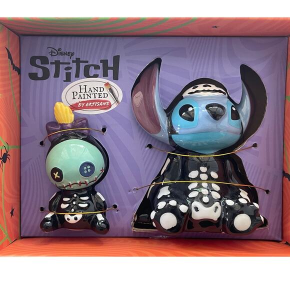 Disney Stitch & Scrump Halloween Skeleton Ceramic Salt & Pepper Shakers NEW - Picture 1 of 10